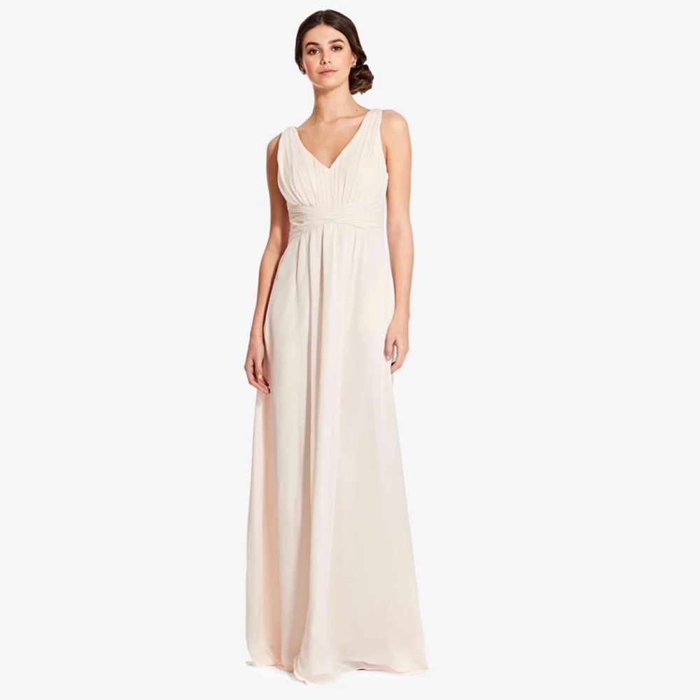 ADRIANNA PAPELL SCARLETT PLEATED CHIFFON V-NECK DRESS IN CHAMPAGNE SIZE 0